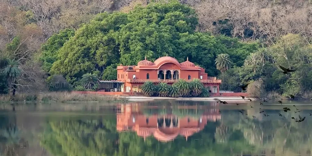 Jogi Mahal Ranthambore with lake and wildlife in foreground