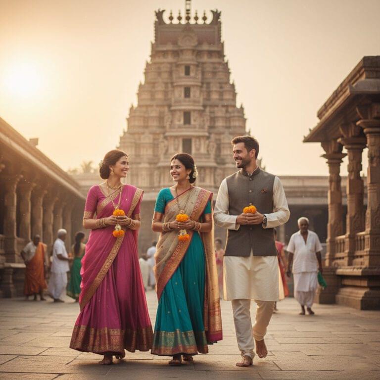 India Cultural Do's and Don'ts, Temple Etiquette, India Travel, Cultural Do's and Don'ts, Greeting Protocols in India, India travel, cultural do's and don'ts, temple etiquette, namaste greeting, public display of affection India, India visitor guide, polite food refusal India, India cultural tips, India travel expert, cultural protocols, Indian temple shoes removed, people greeting with Namaste, couple holding hands India modest, offering food politely in India, Cultural Do's and Don'ts guide India