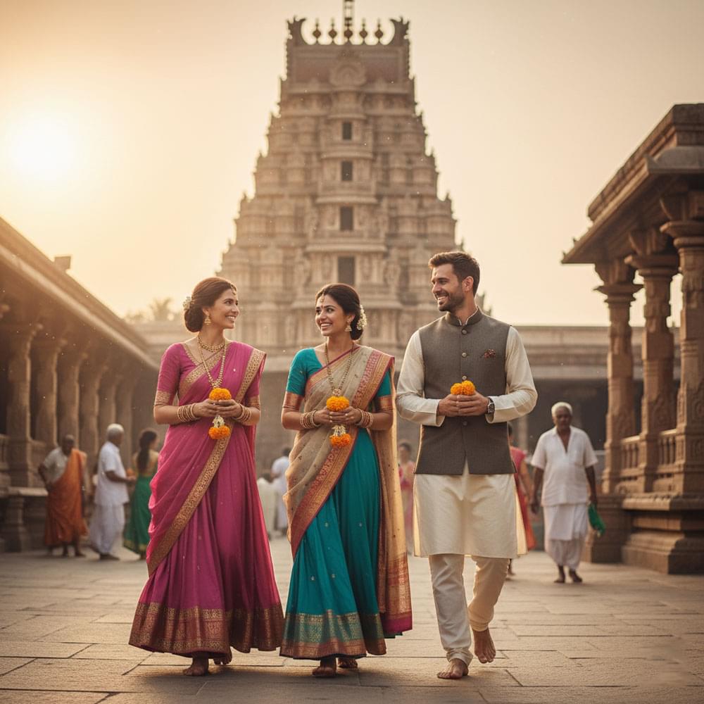 India Cultural Do's and Don'ts, Temple Etiquette, India Travel, Cultural Do's and Don'ts, Greeting Protocols in India, India travel, cultural do's and don'ts, temple etiquette, namaste greeting, public display of affection India, India visitor guide, polite food refusal India, India cultural tips, India travel expert, cultural protocols, Indian temple shoes removed, people greeting with Namaste, couple holding hands India modest, offering food politely in India, Cultural Do's and Don'ts guide India